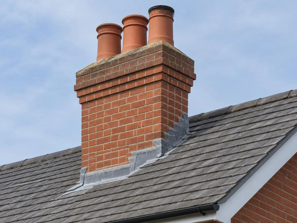 Illustrative brick chimney with terracotta pots and lead flashing