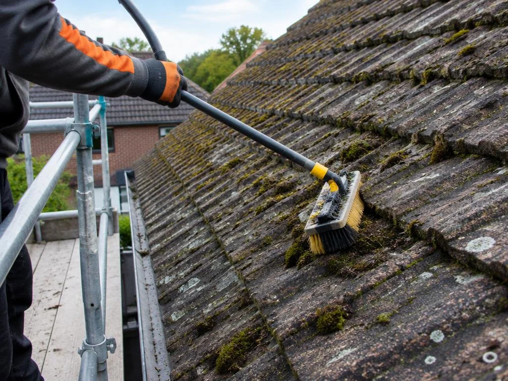 Illustrative roof cleaning with a long-handled brush from scaffolding
