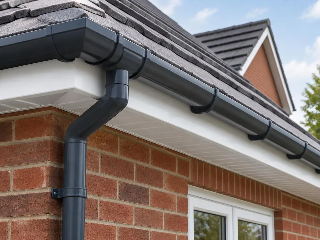 Illustrative gutter, downpipe, fascia and soffit installation detail