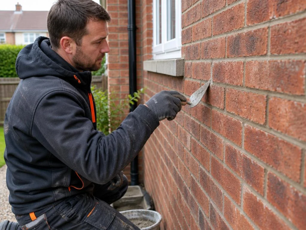 Illustrative tradesperson repointing an exterior brick wall