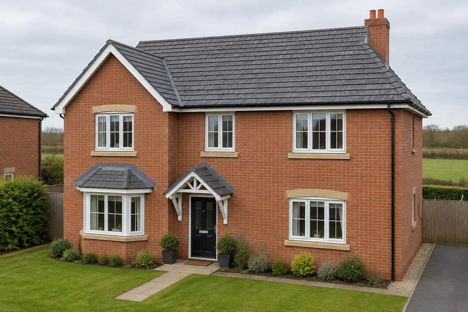 Illustrative British brick house with tiled roof, front gable, chimney, white roofline and black downpipe
