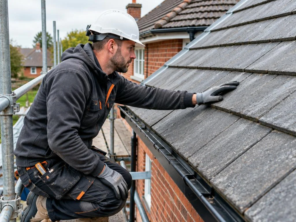 Illustrative roofer inspecting roof tiles from a scaffold platform